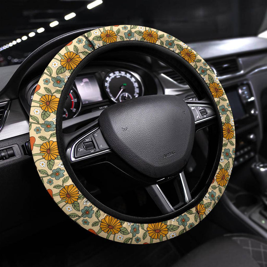 Hippie Mushroom Love Steering Wheel Covers fitted on a steering wheel
