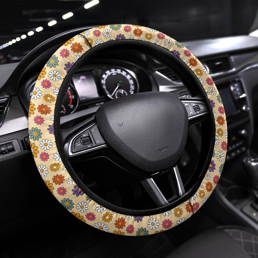 Boho Hippie Daisies Steering Wheel Covers fitted on a steering wheel