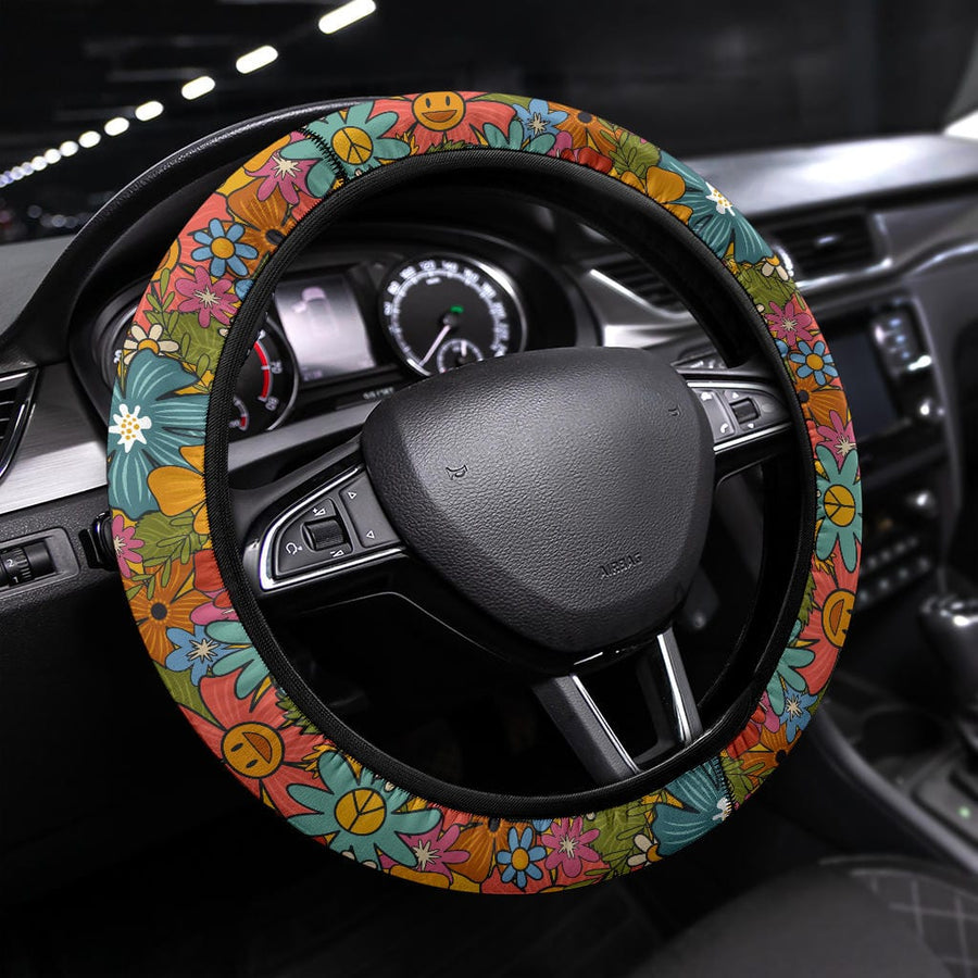 Hippie Smiling Cuties Steering Wheel Covers fitted on a steering wheel