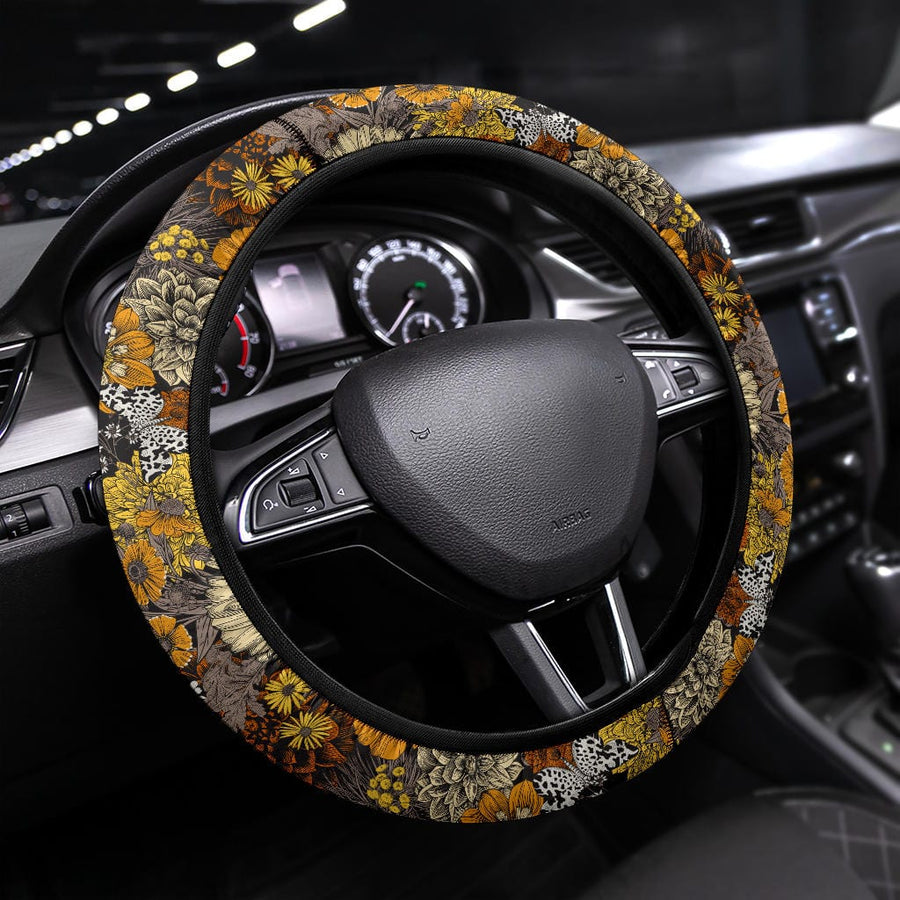 Fall Flowers Steering Wheel Covers fitted on a steering wheel
