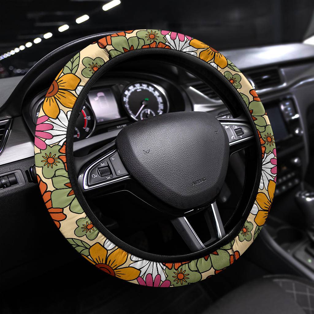 Housse de volant de style hippie abstrait pour homme et femme, fleurs colorées, motif floral, accessoires de voiture personnalisés, décoration d'intérieur universelle pour SUV, berlines, camions (38,1 Housse de volant de style hippie abstrait pour homme et femme, fleurs colorées, motif floral, accessoires de voiture personnalisés, décoration d'intérieur universelle pour SUV, berlines, camions (38,1