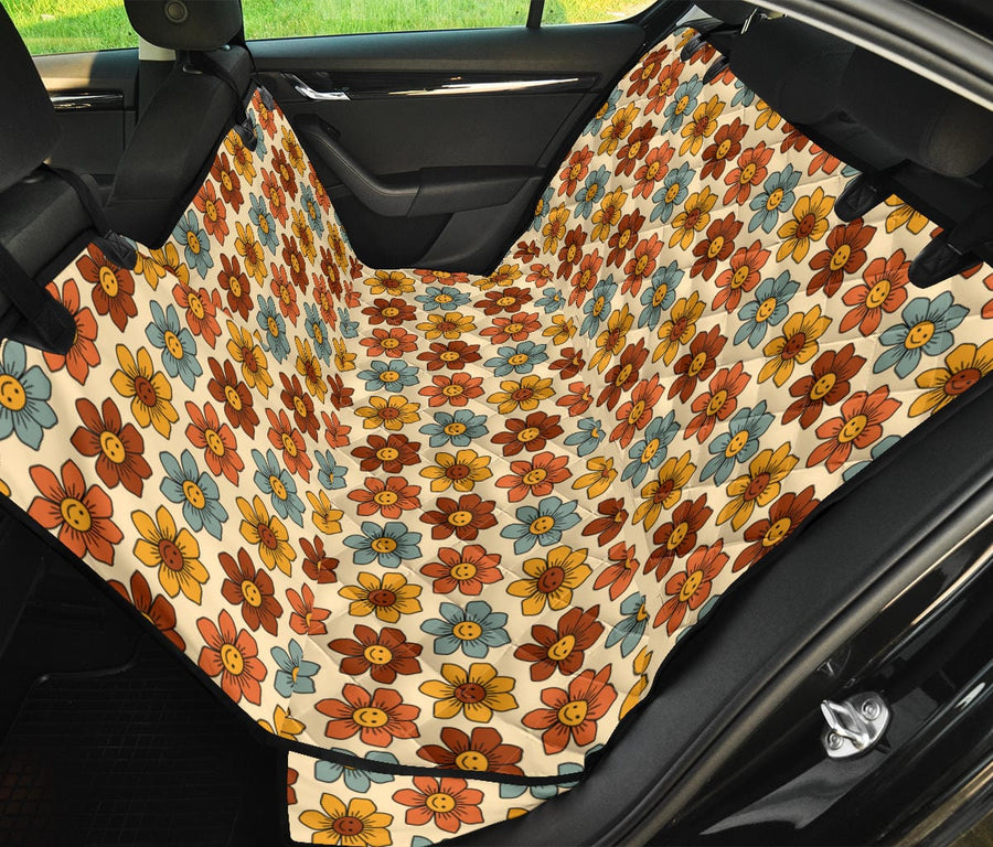 Retro 1970s Smiling Flowers Dog Car Seat Covers laid flat, seen from above