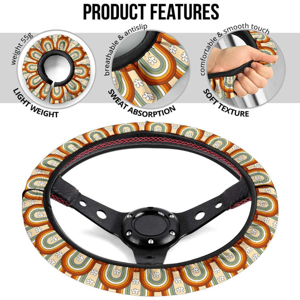 Cute Steering Wheel Covers - Boho Rainbow Daisy