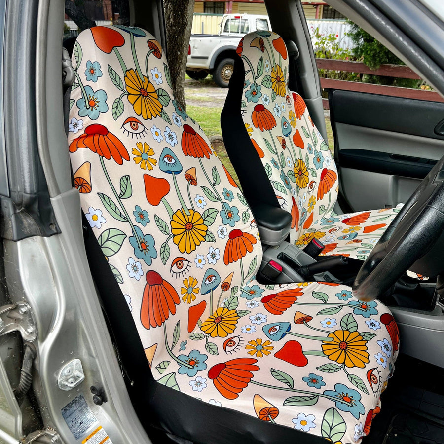 Hippie Mushroom Love Car Seat Covers fitted on car seats (view 3)