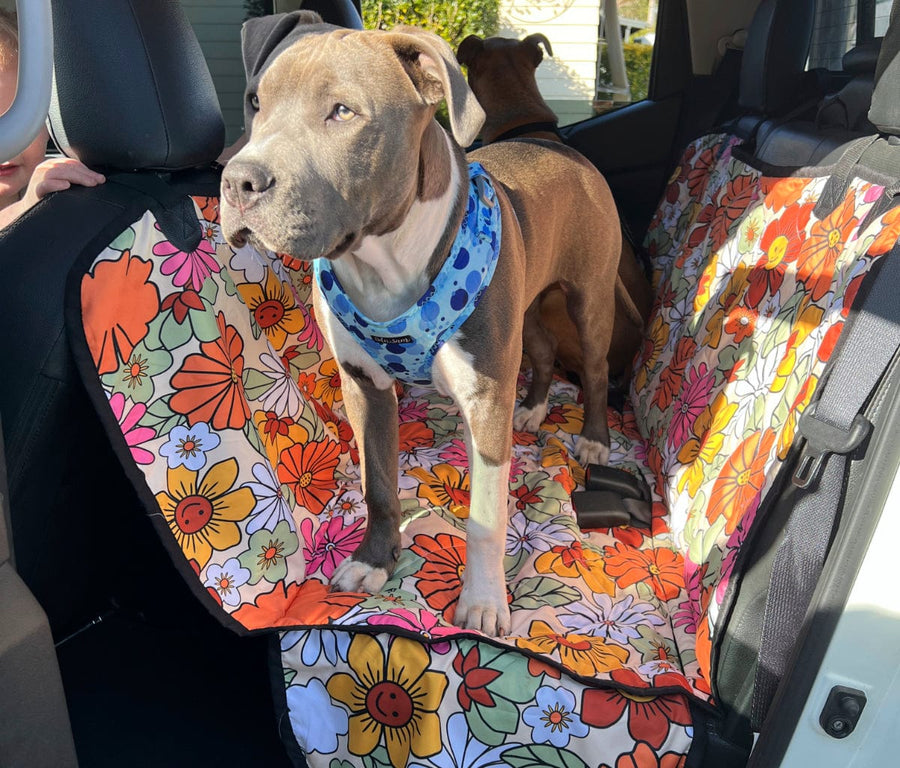 Hippie Flower Power Dog Car Seat Covers with a dog sitting on it in a car